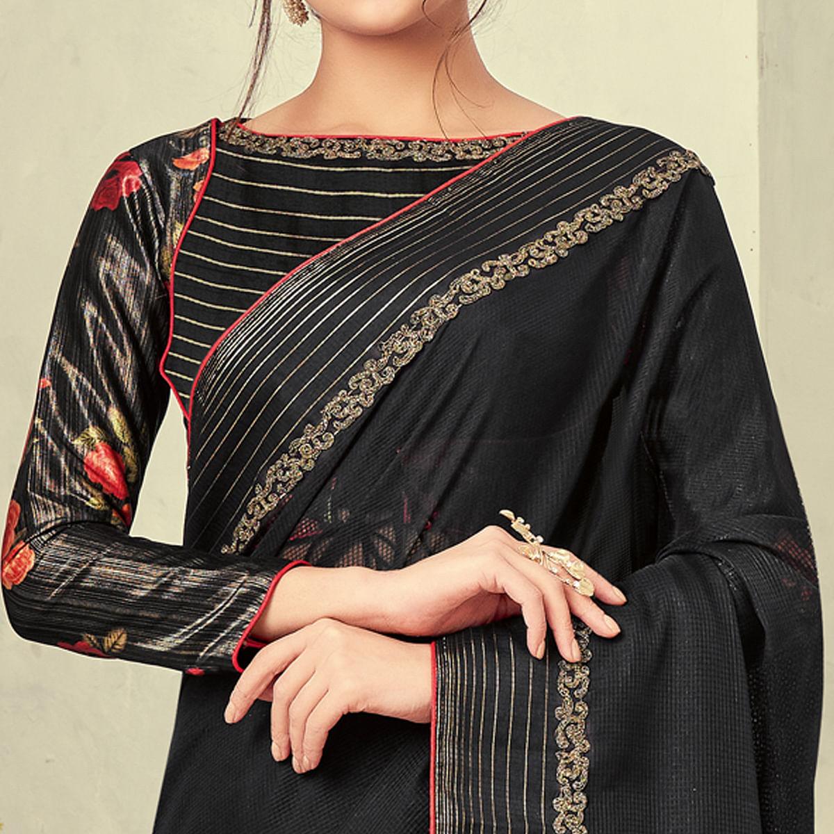 Black Festive Wear Solid With Lace Border Weaved Silk Saree - Peachmode