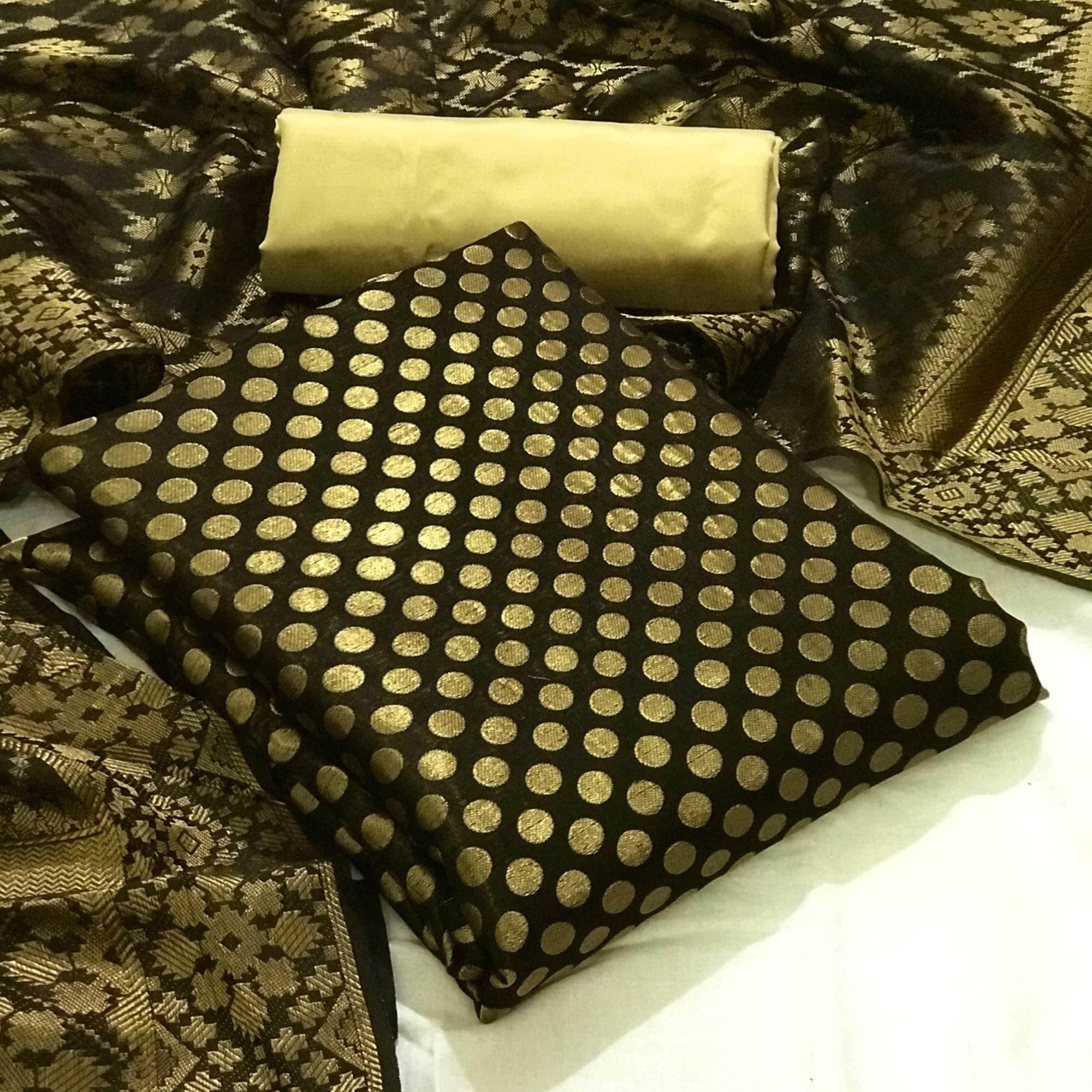 Black Festive Wear Woven Banarasi Silk Dress Material - Peachmode