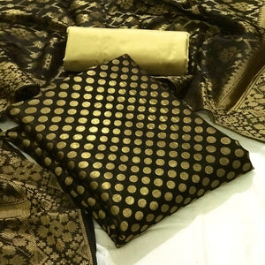 Black Festive Wear Woven Banarasi Silk Dress Material - Peachmode