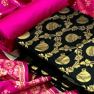 Black Festive Wear Woven Banarasi Silk Dress Material - Peachmode
