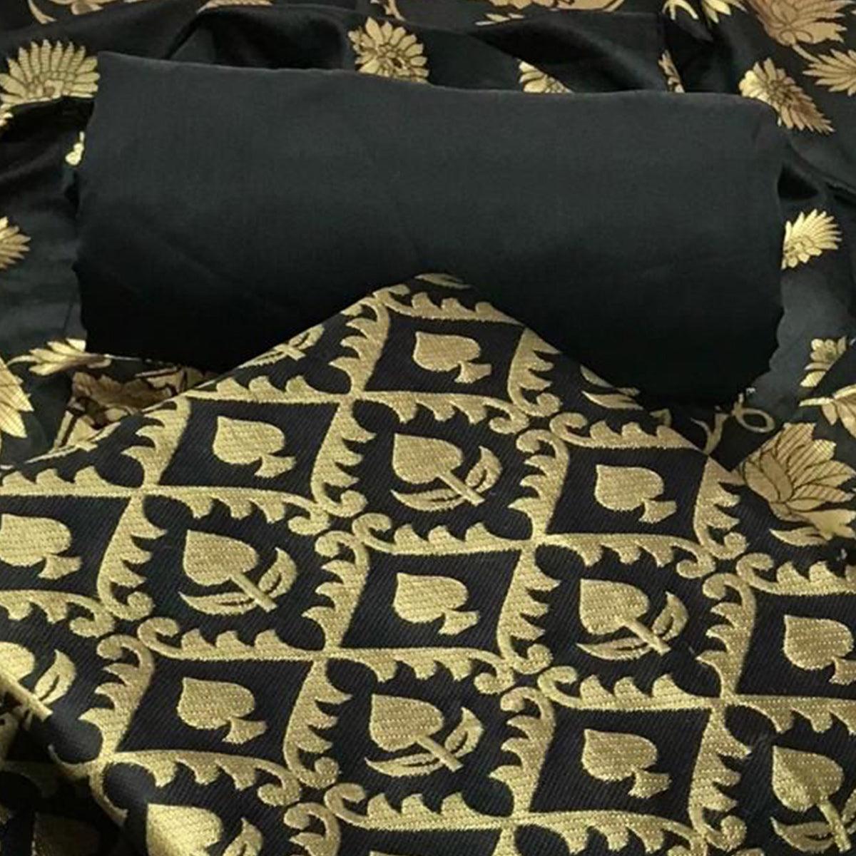 Black Festive Wear Woven Banarasi Silk Dress Material - Peachmode