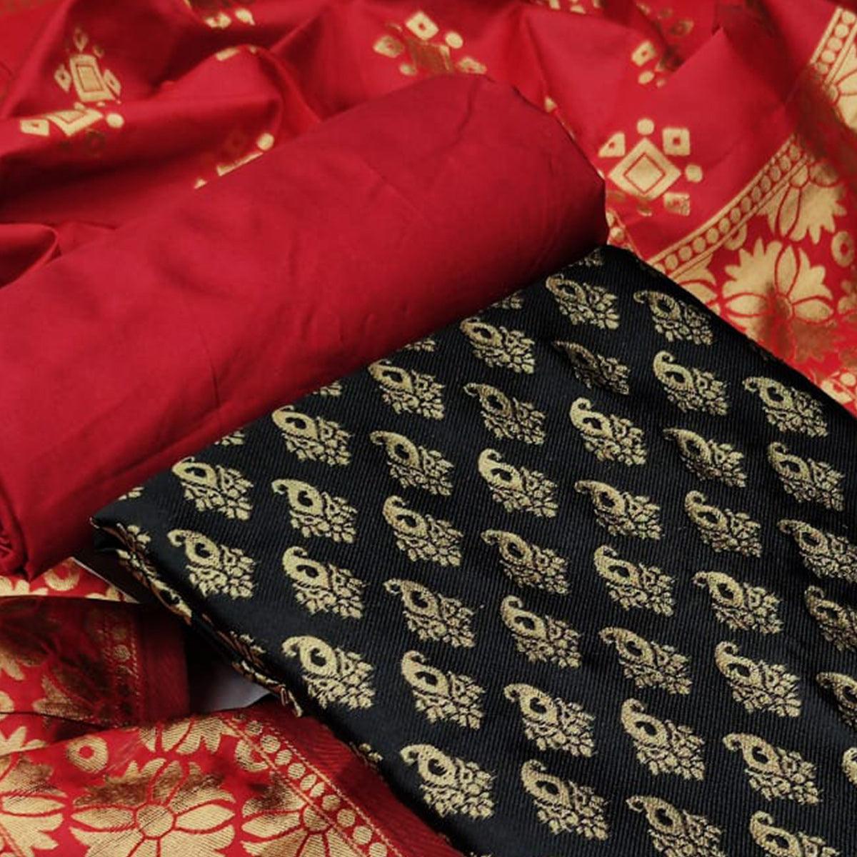 Black Festive Wear Woven Banarasi Silk Dress Material - Peachmode