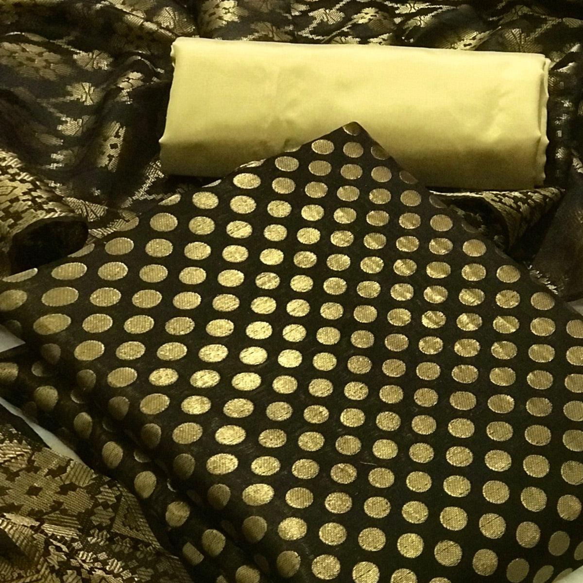 Black Festive Wear Woven Banarasi Silk Dress Material - Peachmode