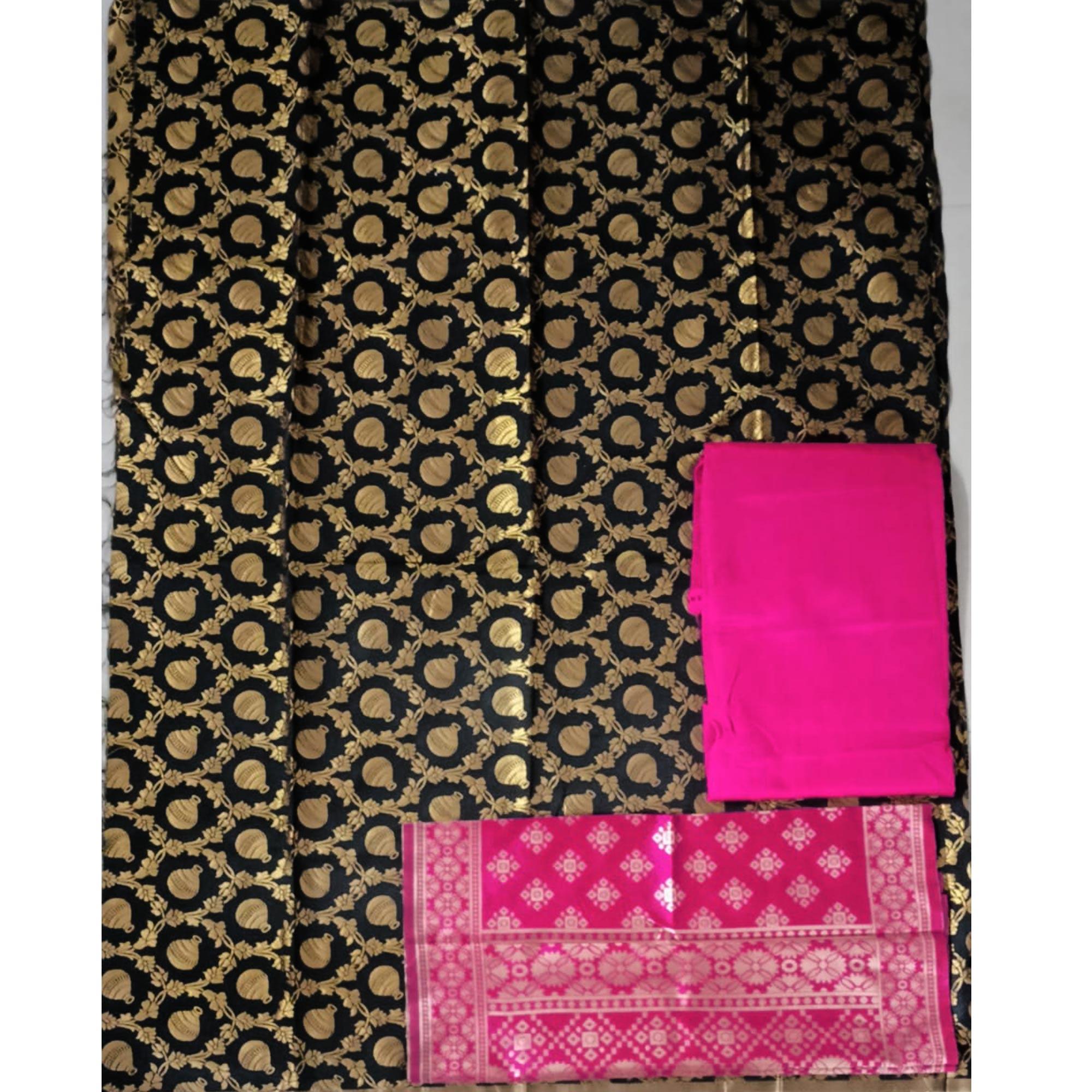 Black Festive Wear Woven Banarasi Silk Dress Material - Peachmode