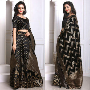 Black Festive Wear Woven Banarasi Silk Lehenga - Peachmode