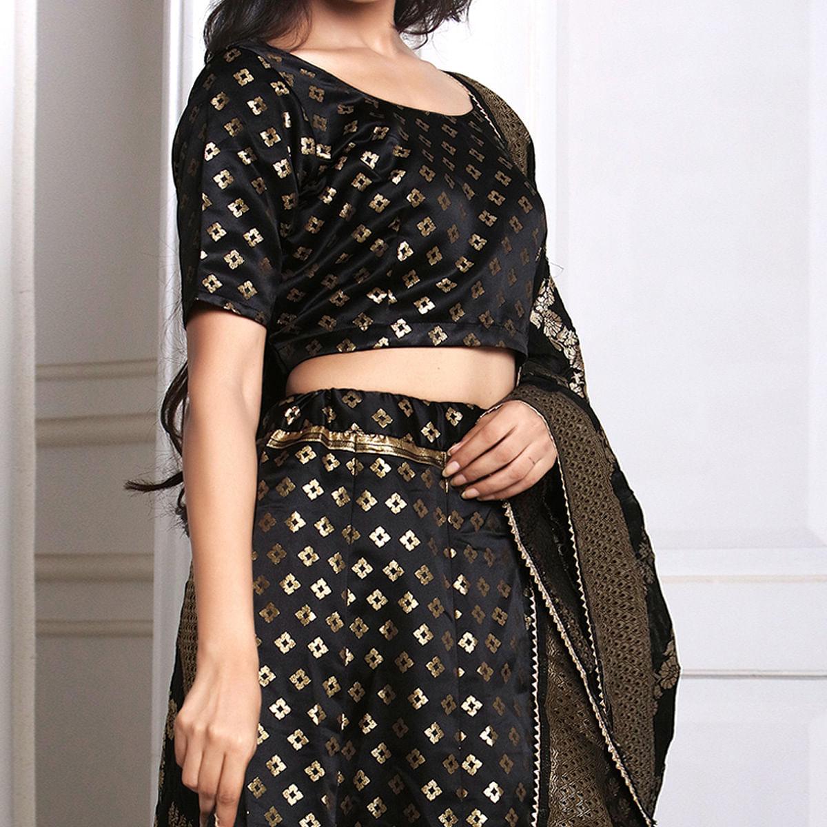 Black Festive Wear Woven Banarasi Silk Lehenga - Peachmode