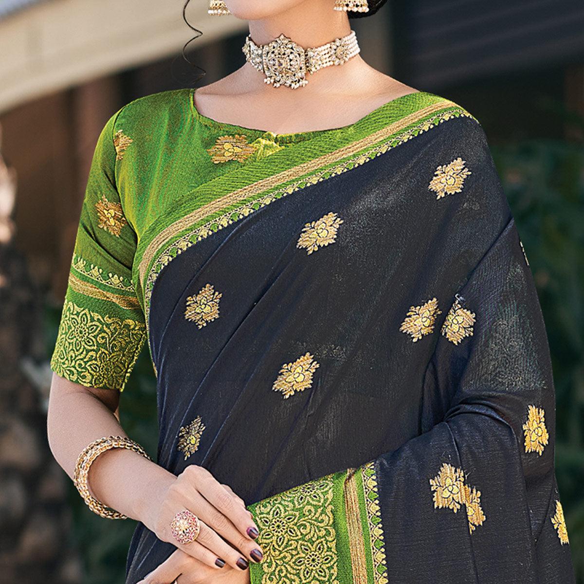 Black Festive Wear Woven Cotton Saree - Peachmode