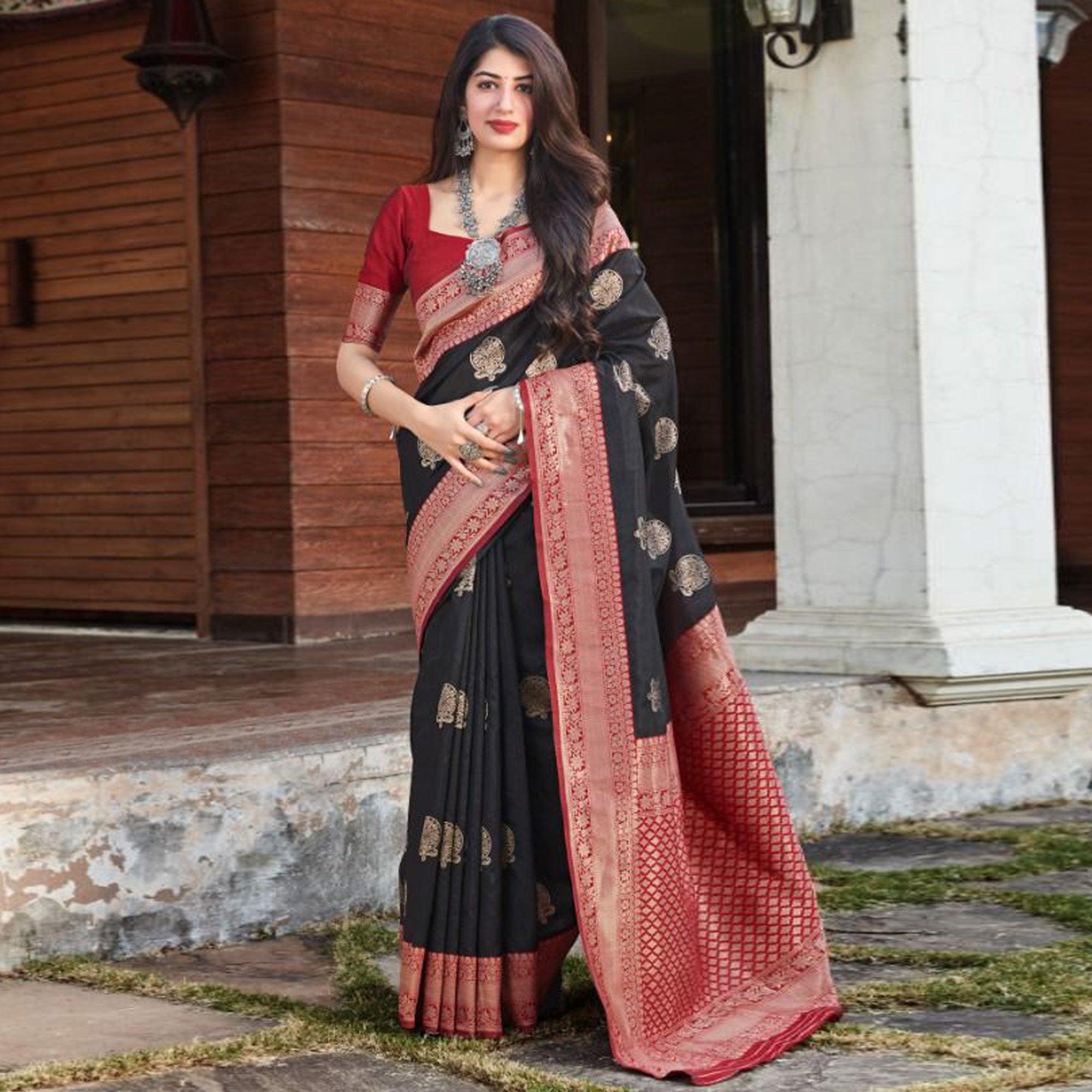 Black Festive Wear Woven Designer Art Silk Saree - Peachmode