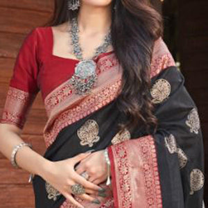 Black Festive Wear Woven Designer Art Silk Saree - Peachmode