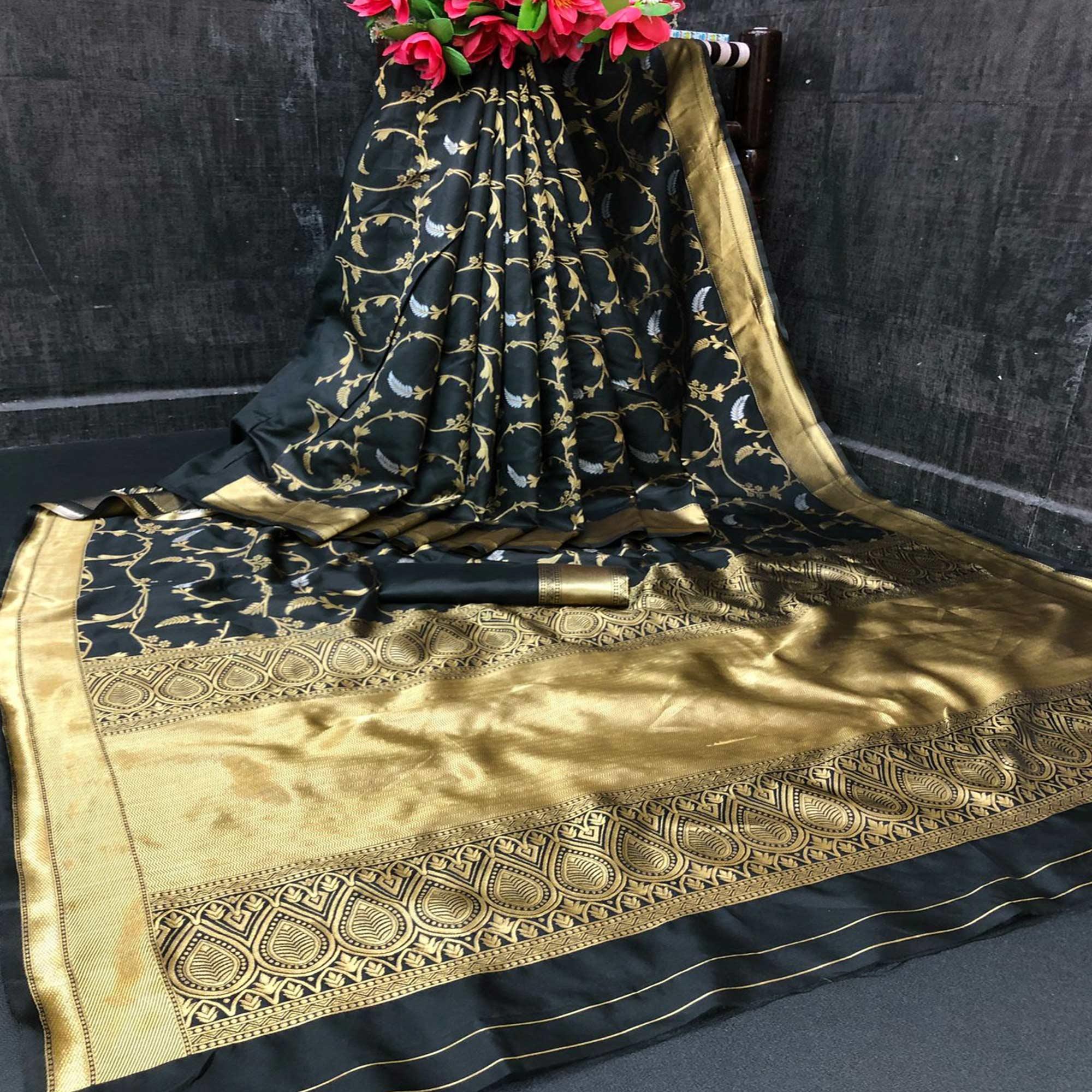 Black Festive Wear Woven Designer Soft Lichi Silk Saree - Peachmode