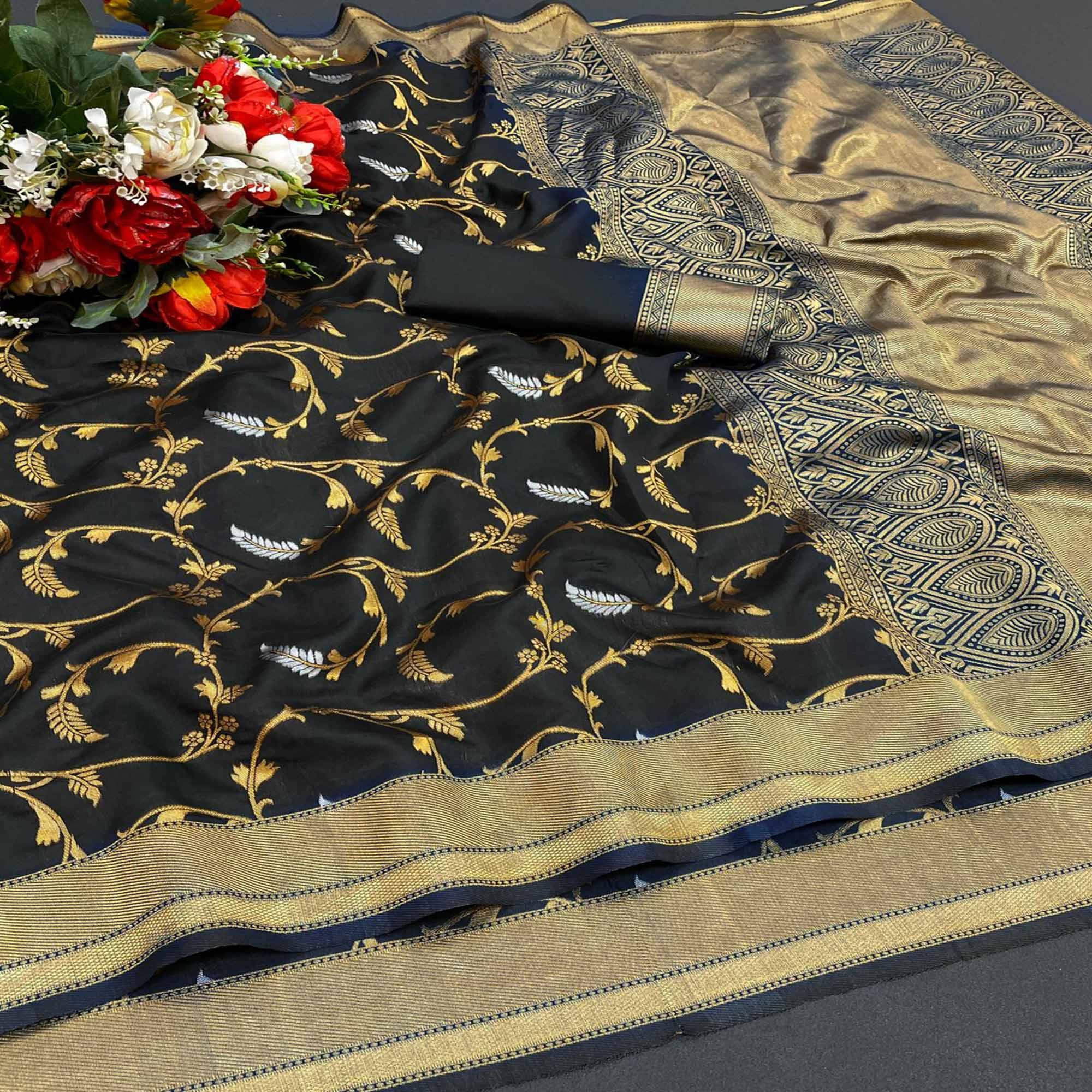 Black Festive Wear Woven Designer Soft Lichi Silk Saree - Peachmode