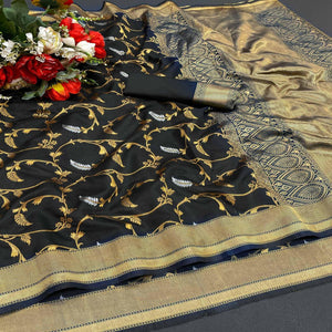 Black Festive Wear Woven Designer Soft Lichi Silk Saree - Peachmode