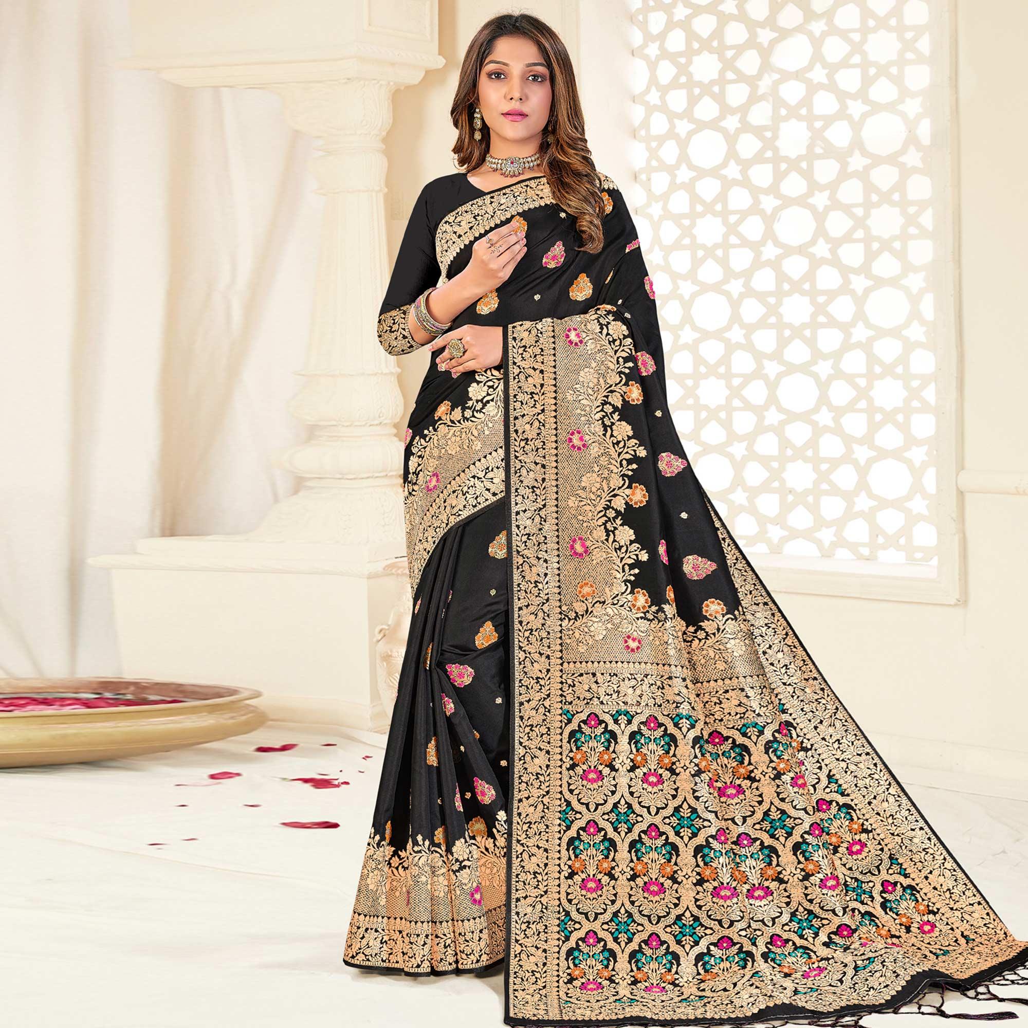 Black Festive Wear Woven Jari Border Soft Silk Saree - Peachmode