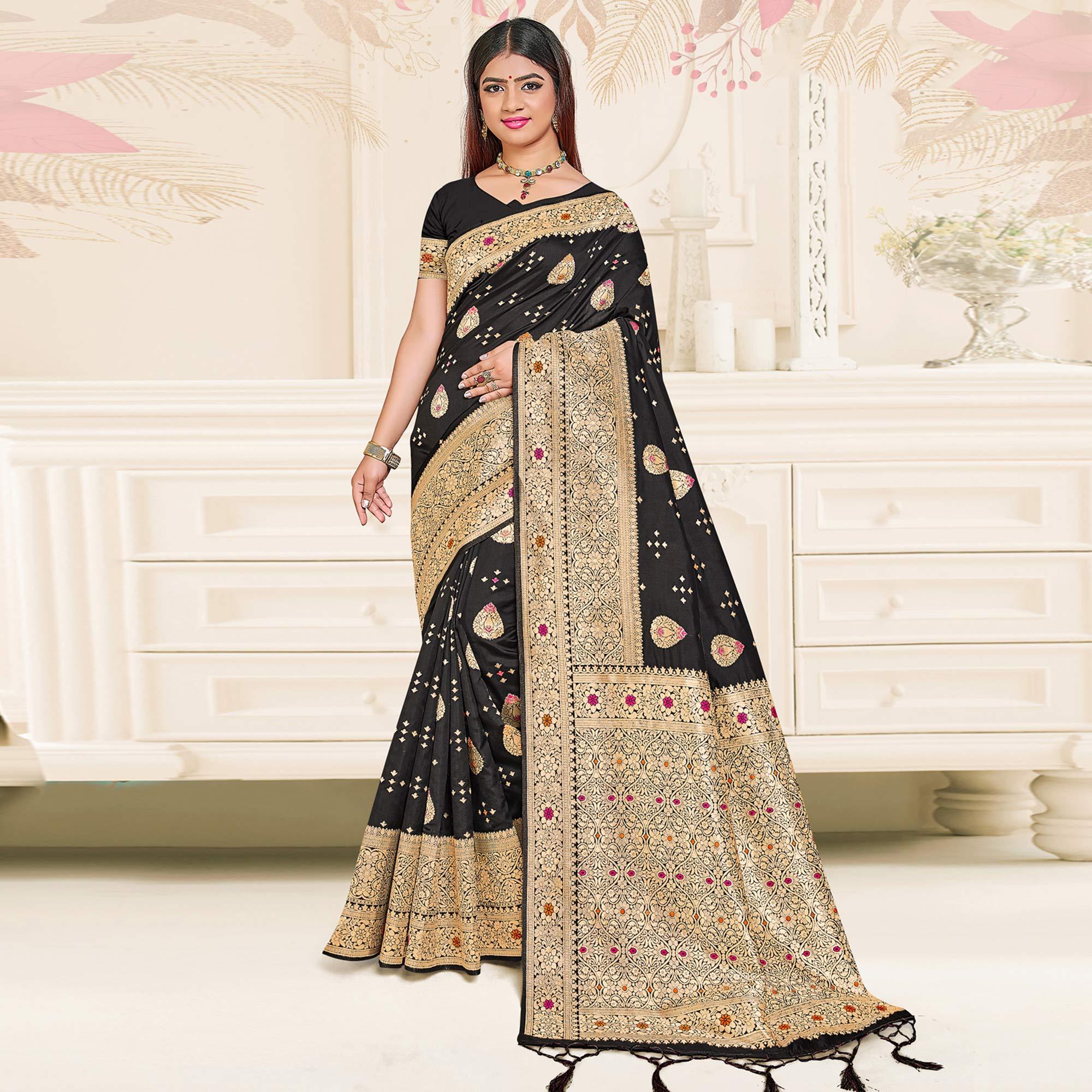 Black Festive Wear Woven Jari Border Soft Silk Saree - Peachmode