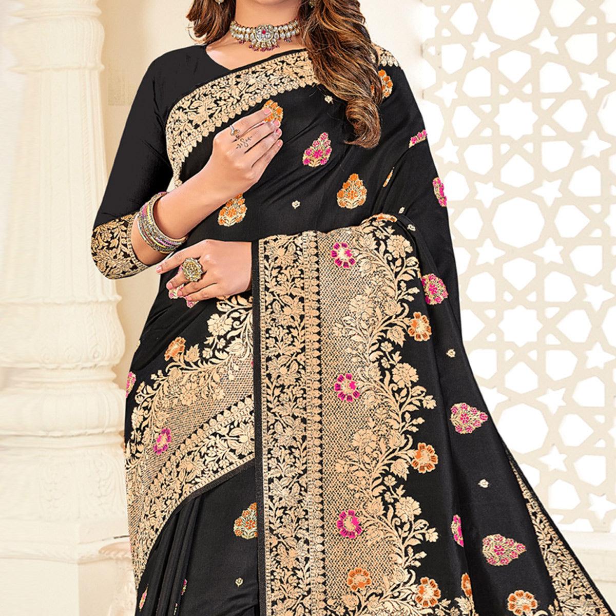 Black Festive Wear Woven Jari Border Soft Silk Saree - Peachmode