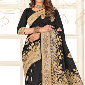 Black Festive Wear Woven Jari Border Soft Silk Saree - Peachmode