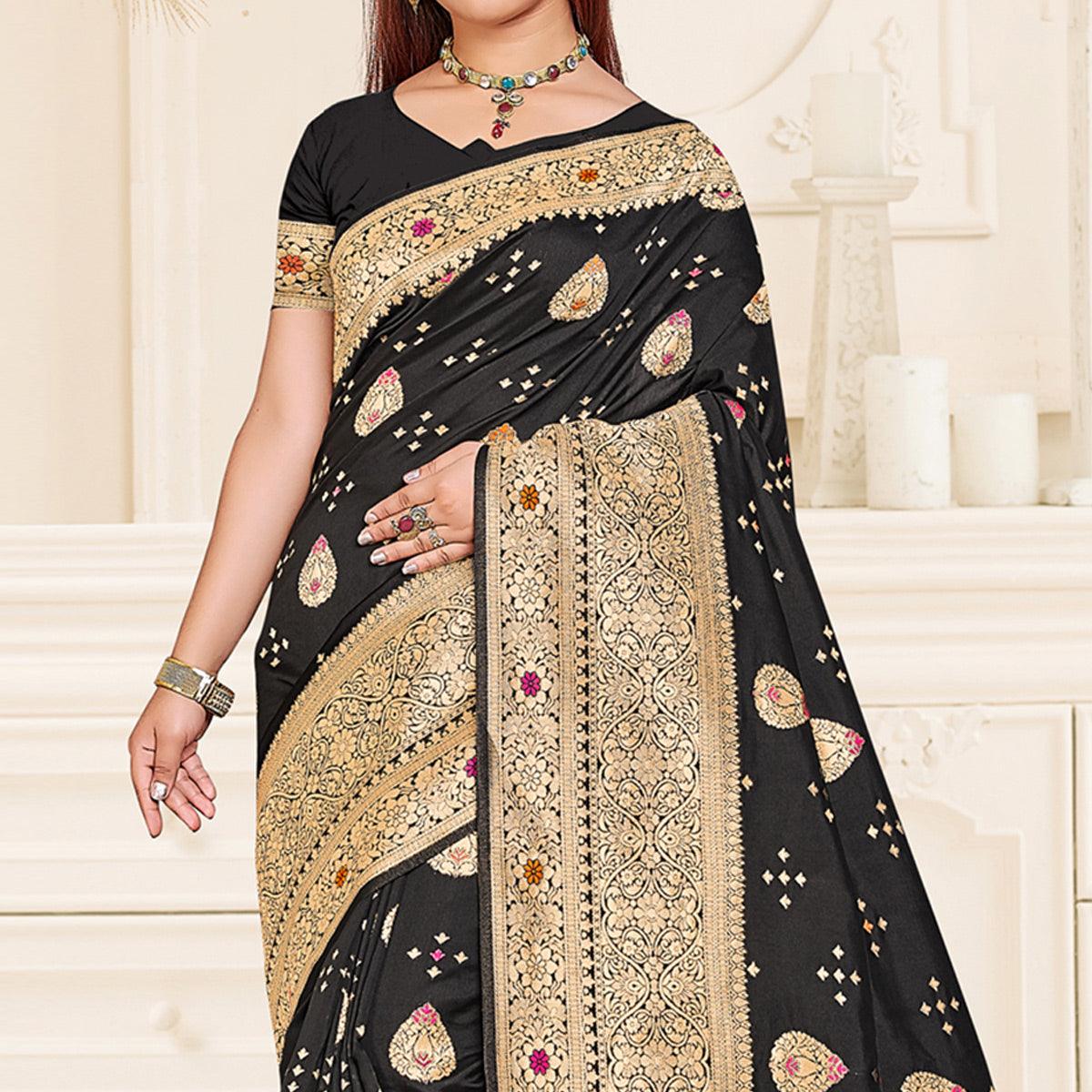 Black Festive Wear Woven Jari Border Soft Silk Saree - Peachmode
