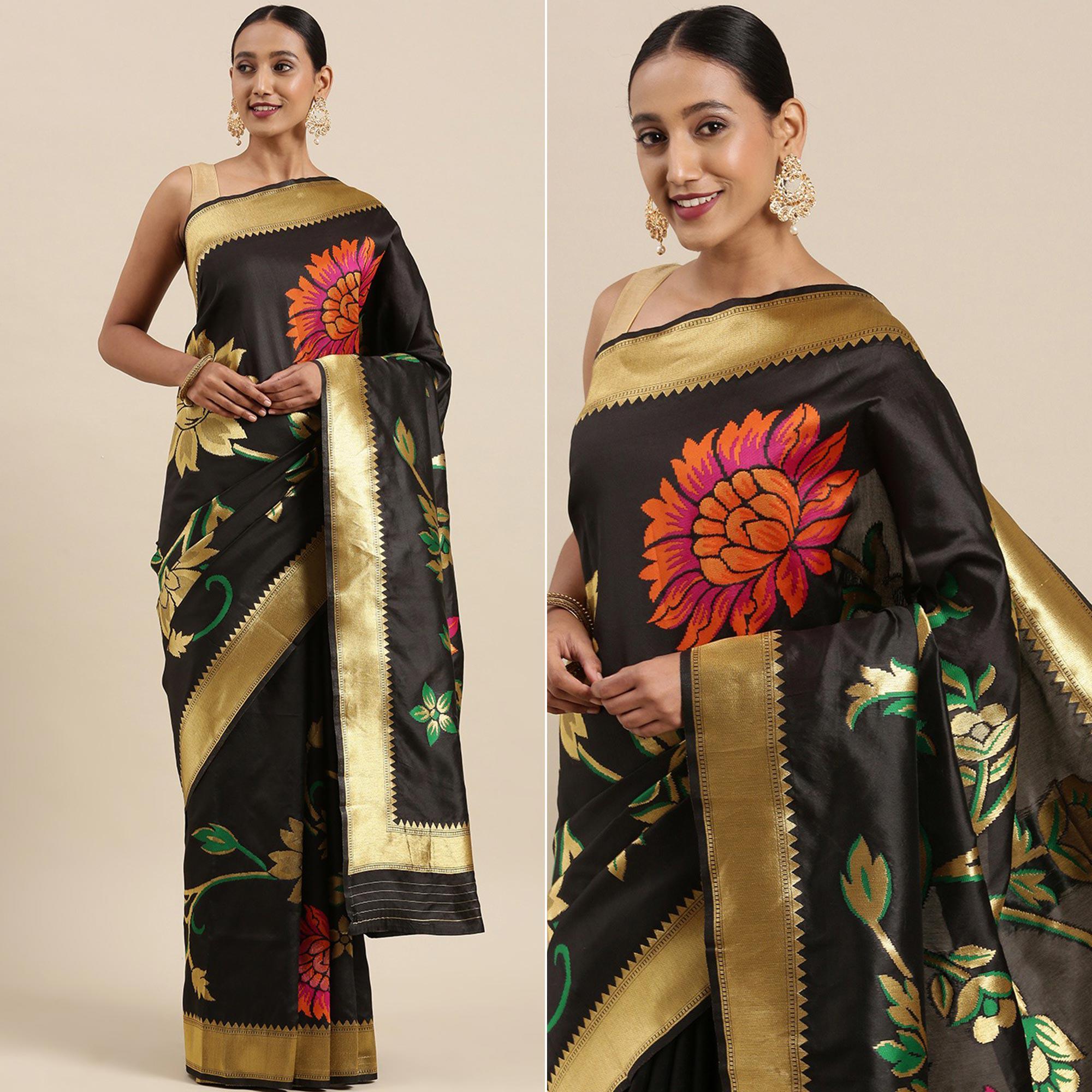 Black Festive Wear Woven Kanjivaram Silk Saree - Peachmode
