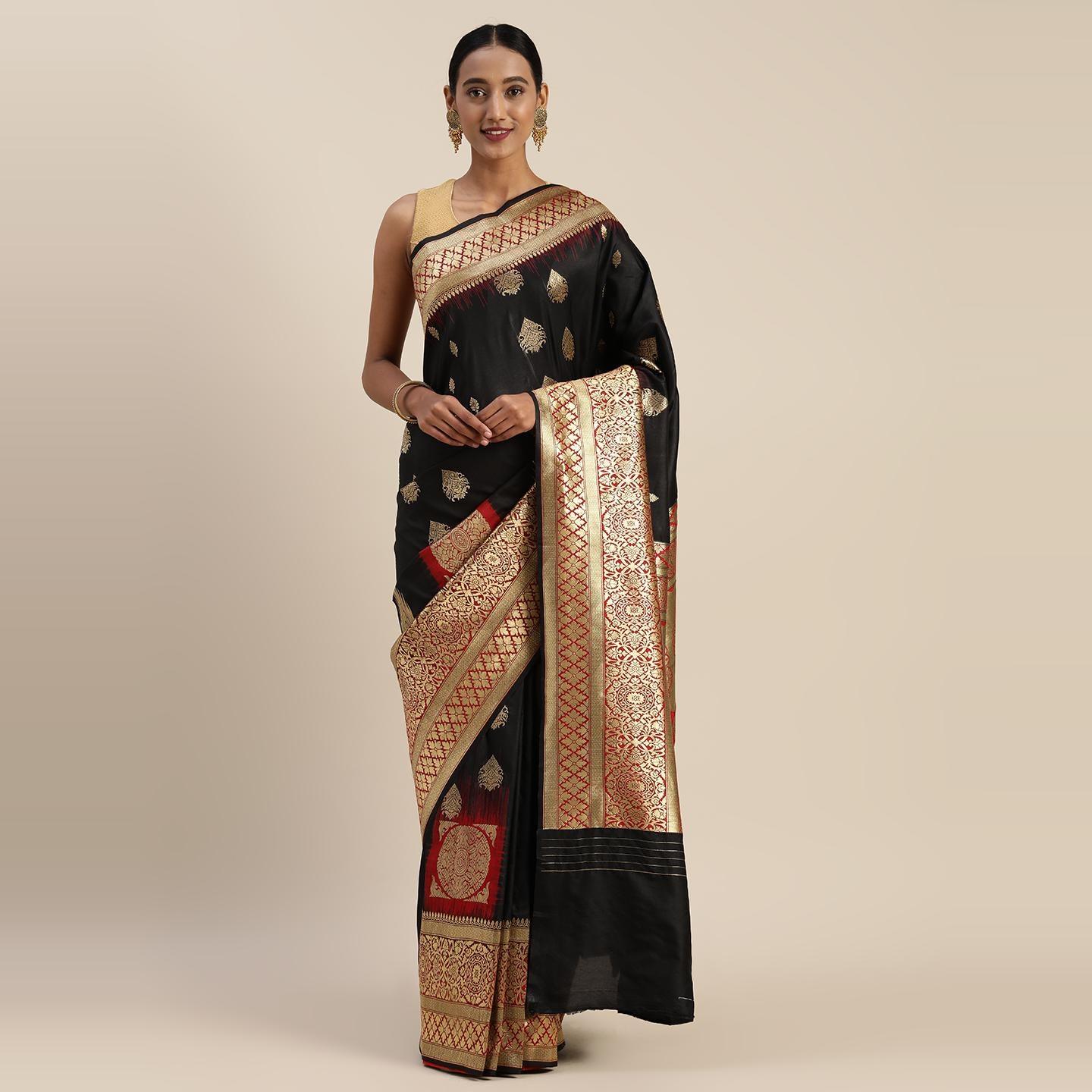 Black Festive Wear Woven Kanjivaram Silk Saree - Peachmode