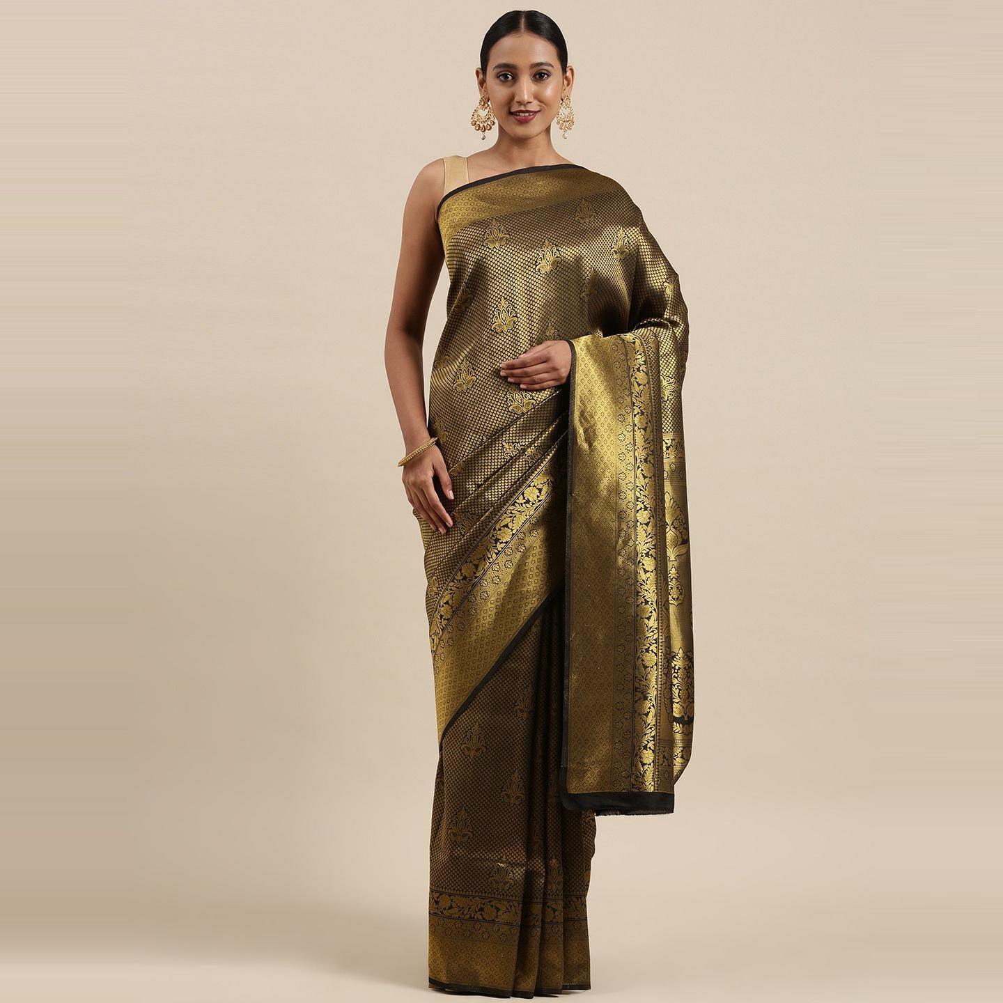 Black Festive Wear Woven Kanjivaram Silk Saree - Peachmode