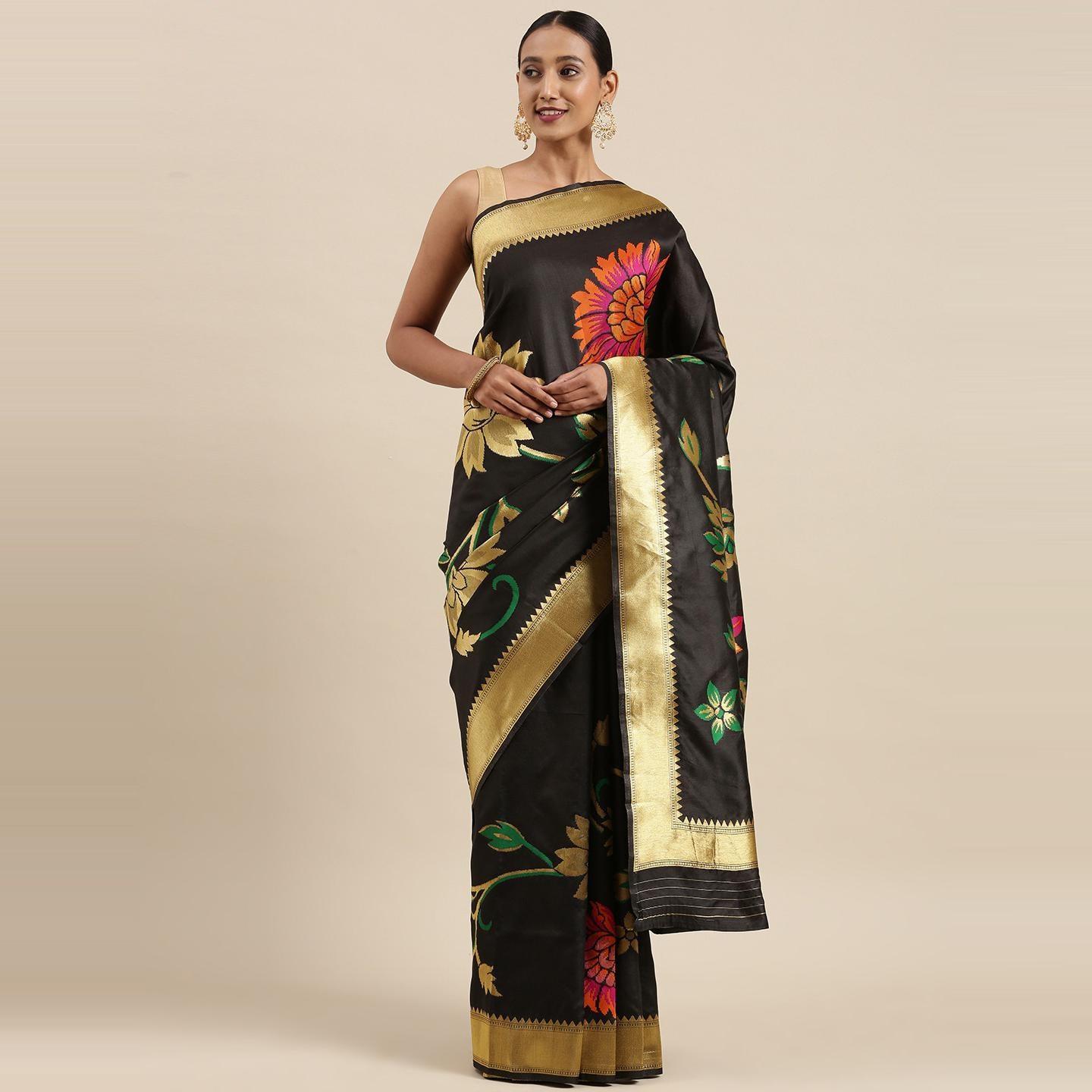 Black Festive Wear Woven Kanjivaram Silk Saree - Peachmode