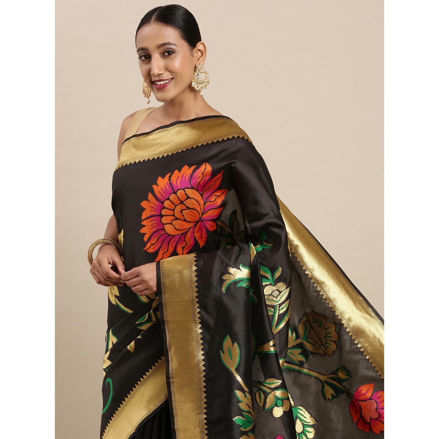 Black Festive Wear Woven Kanjivaram Silk Saree - Peachmode