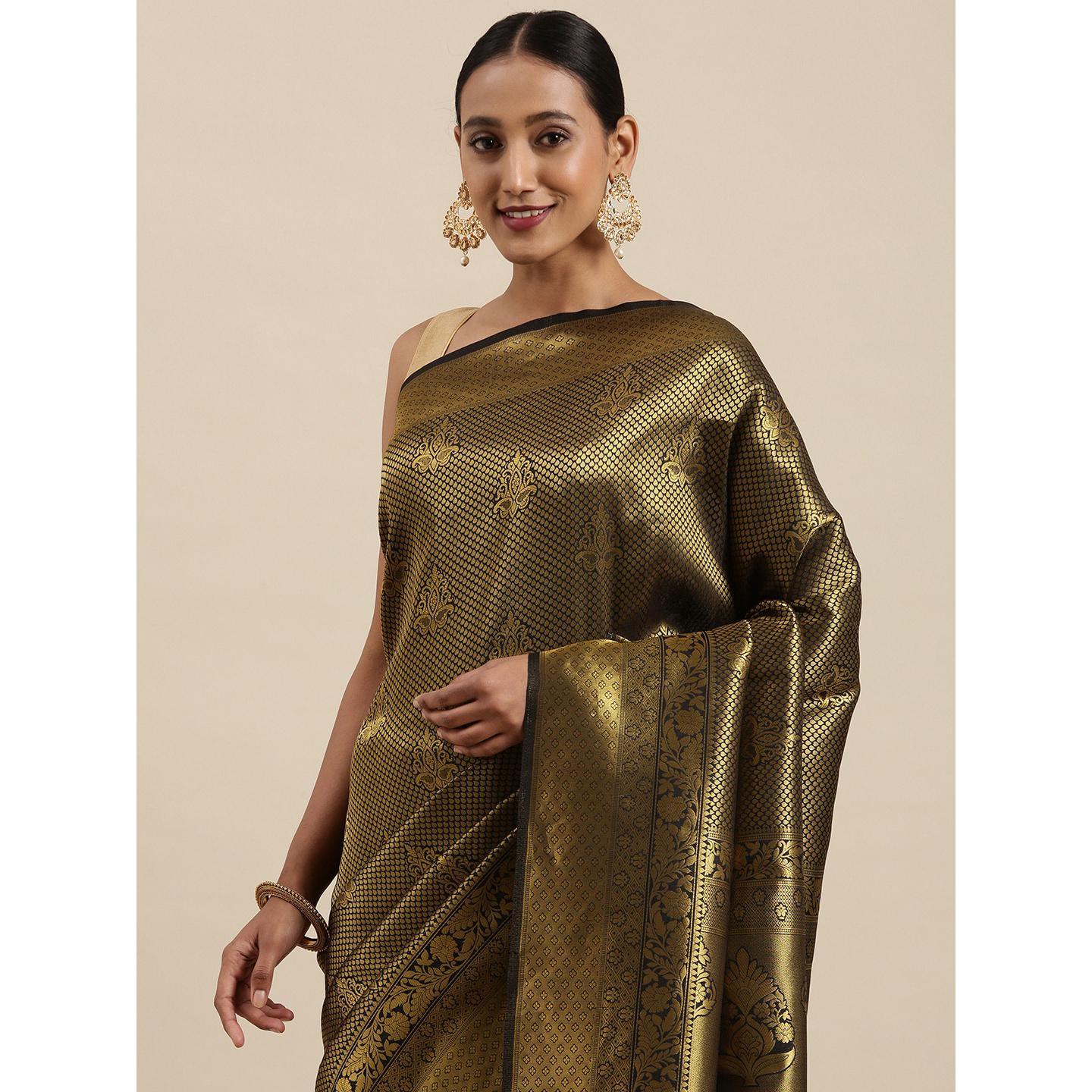 Black Festive Wear Woven Kanjivaram Silk Saree - Peachmode