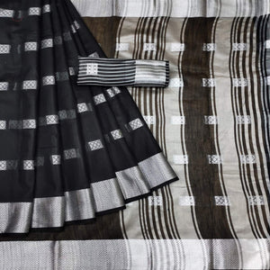 Black Festive Wear Woven Linen Saree - Peachmode