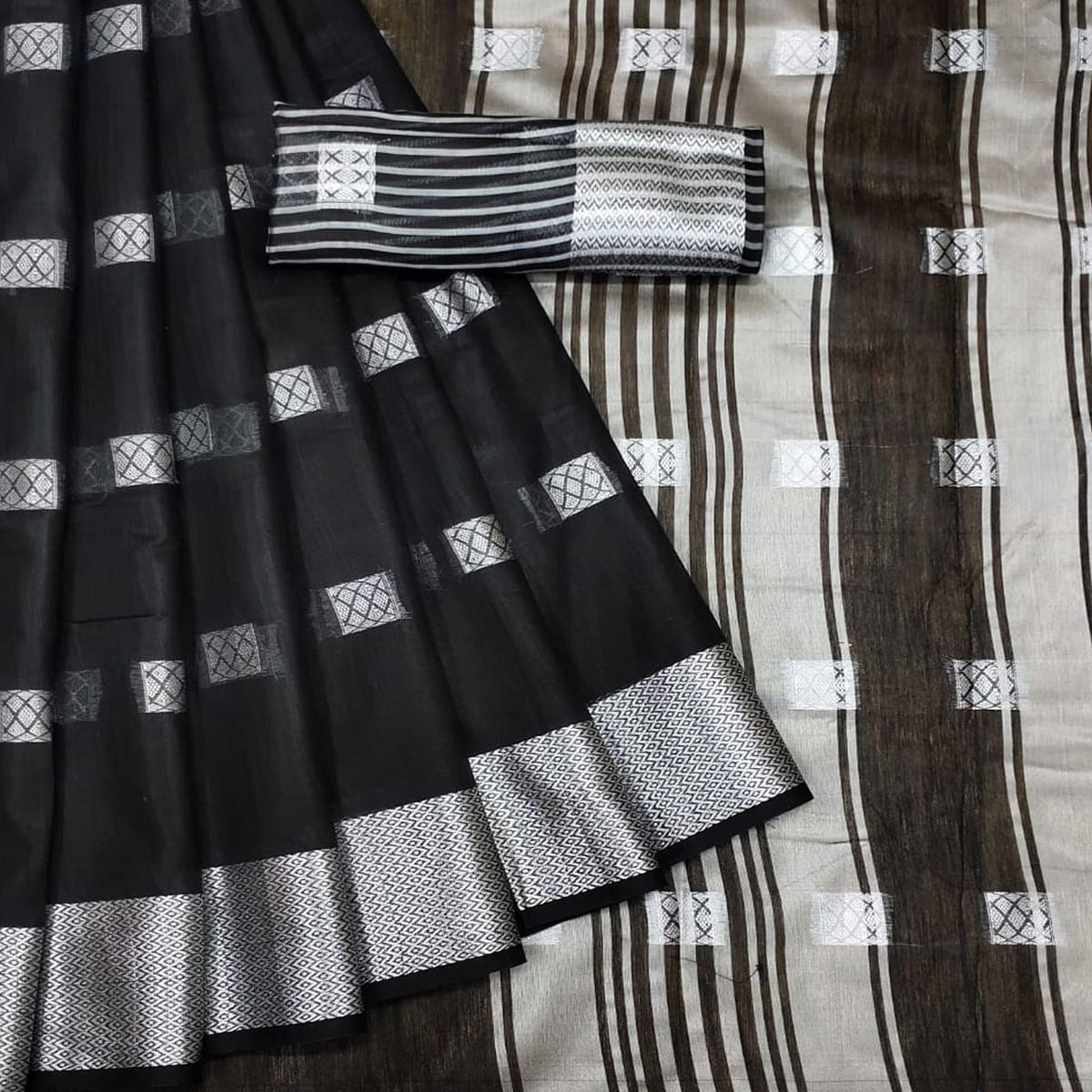 Black Festive Wear Woven Linen Saree - Peachmode