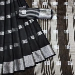 Black Festive Wear Woven Linen Saree - Peachmode