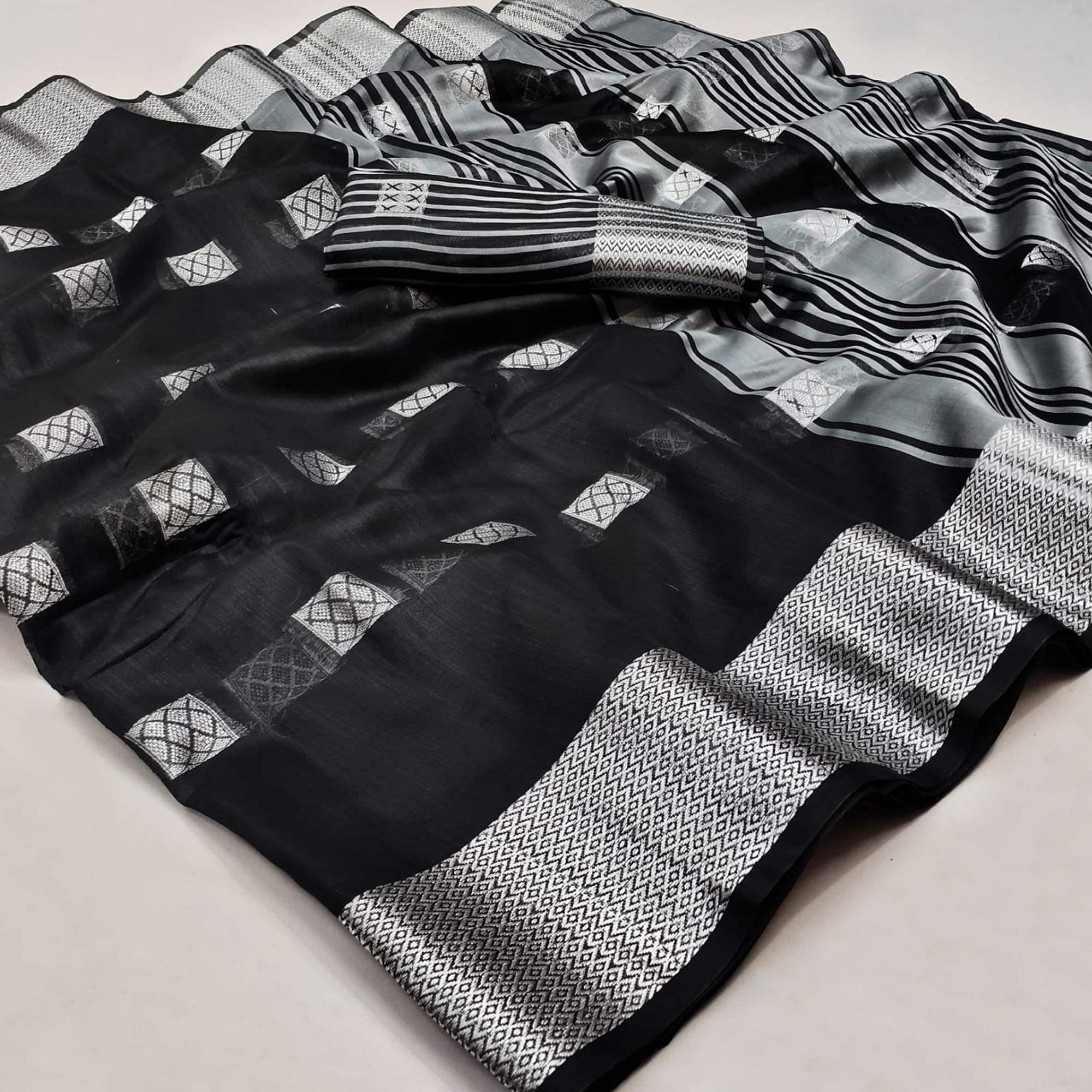 Black Festive Wear Woven Linen Saree - Peachmode