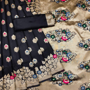 Black Festive Wear Woven Litchi Silk Saree - Peachmode