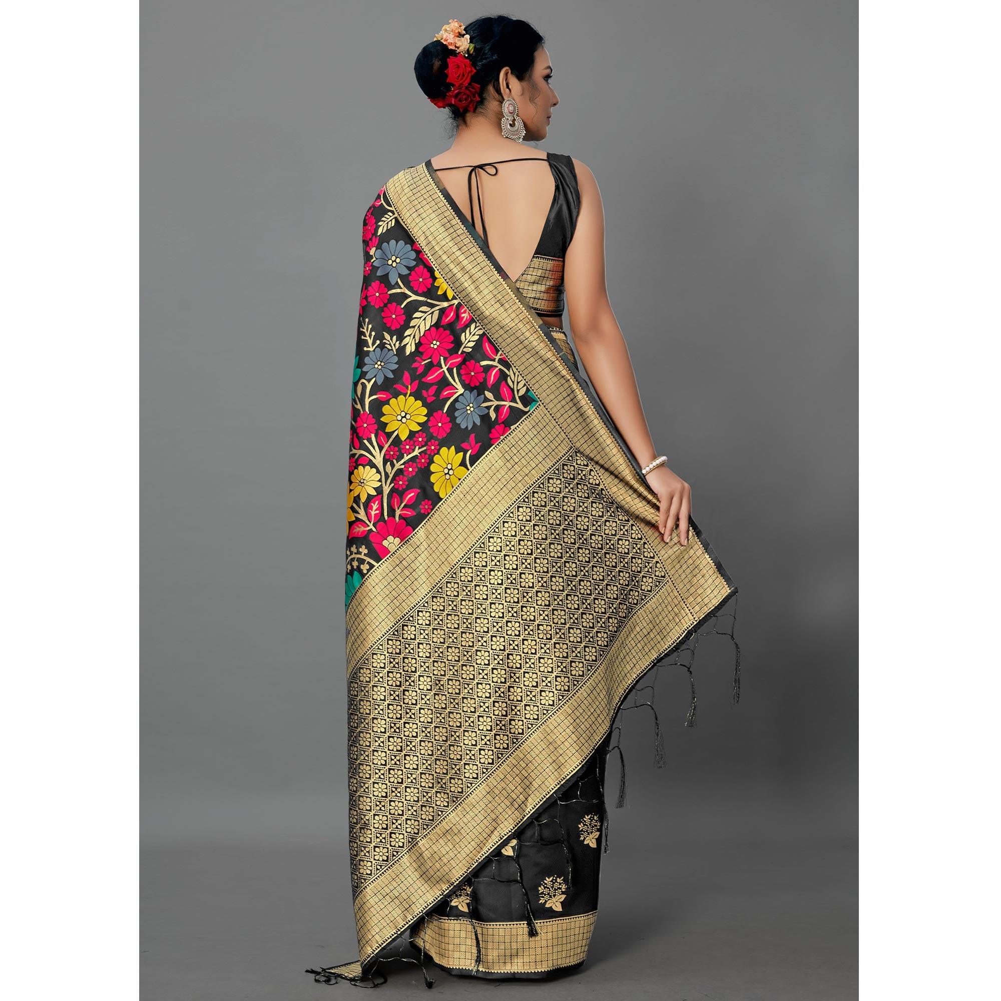 Black Festive Wear Woven Silk Blend
Saree - Peachmode