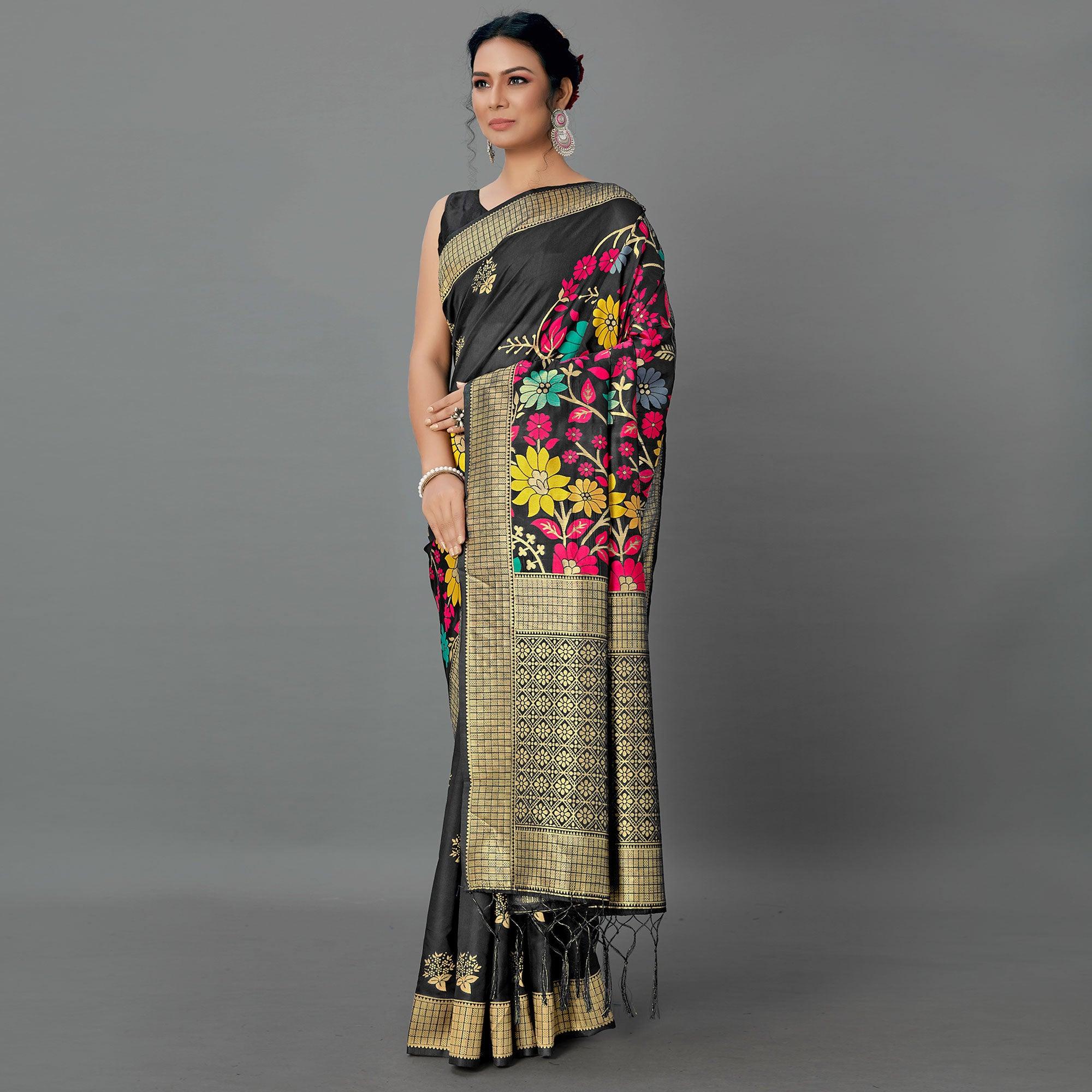 Black Festive Wear Woven Silk Blend
Saree - Peachmode