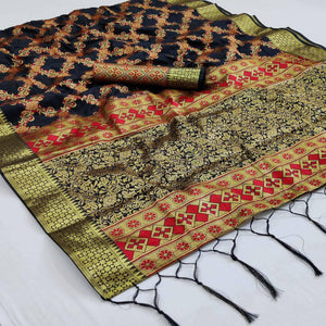Black Festive Wear Woven Silk Saree With Meena Butta Rich Pallu - Peachmode