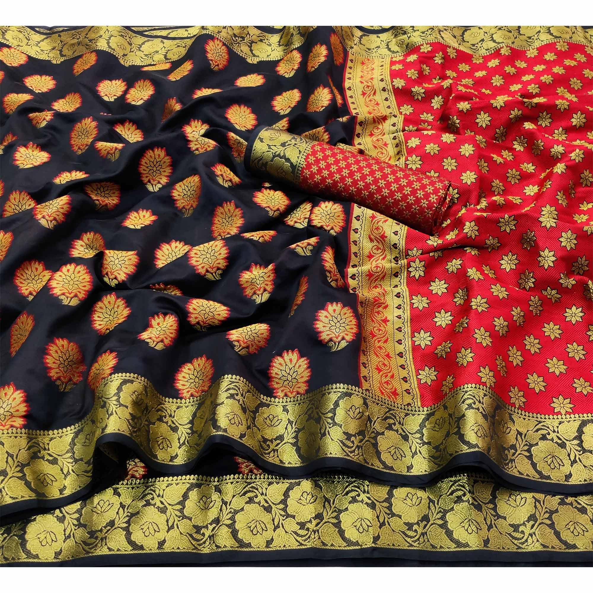 Black Festive Wear Woven Silk Saree With Meena Butta Rich Pallu - Peachmode