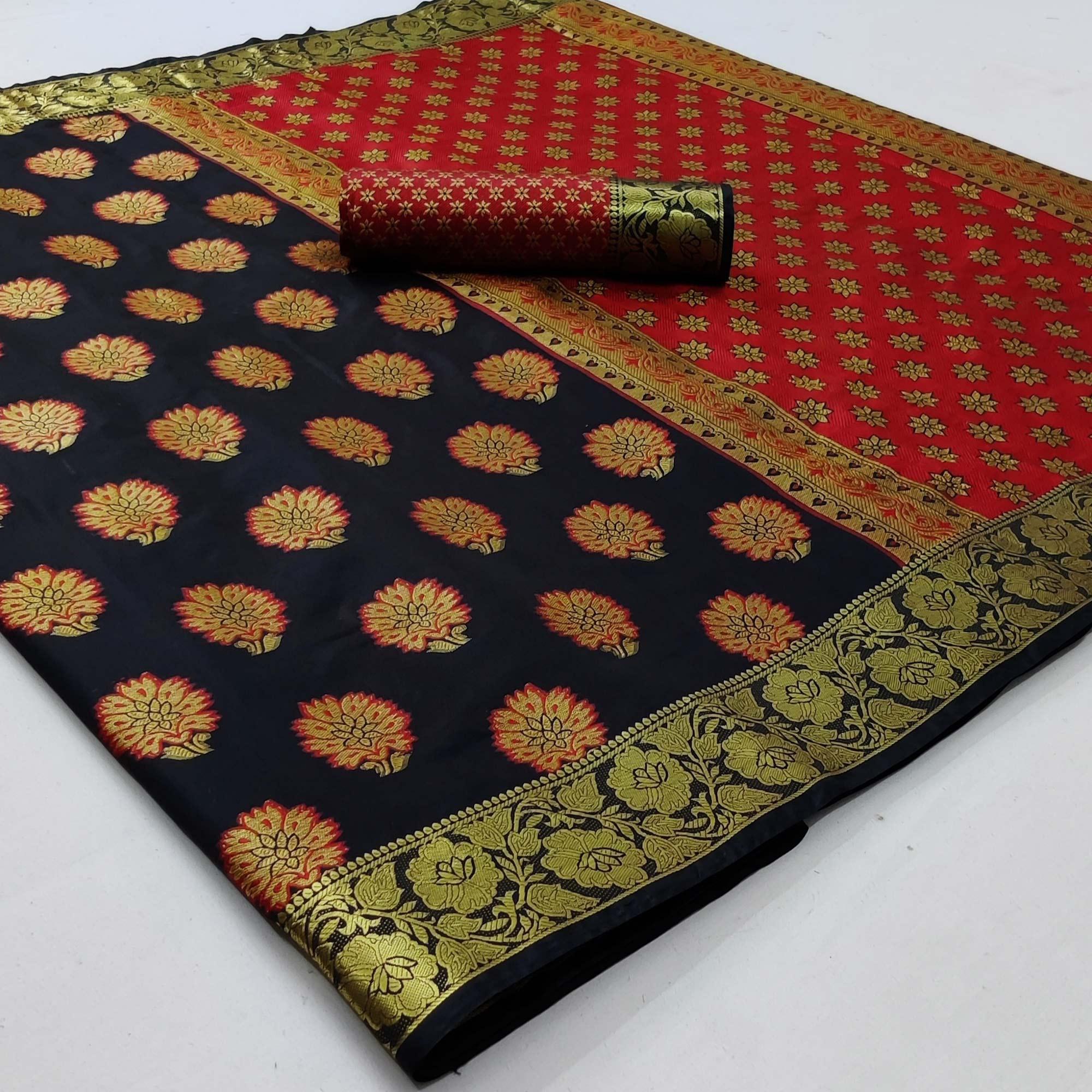 Black Festive Wear Woven Silk Saree With Meena Butta Rich Pallu - Peachmode