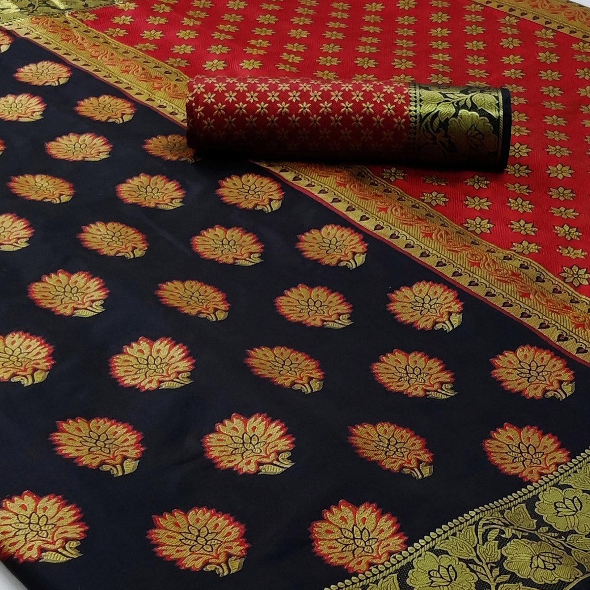 Black Festive Wear Woven Silk Saree With Meena Butta Rich Pallu - Peachmode