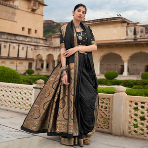 Black Festive Wear Woven Soft Banarasi Silk Saree - Peachmode