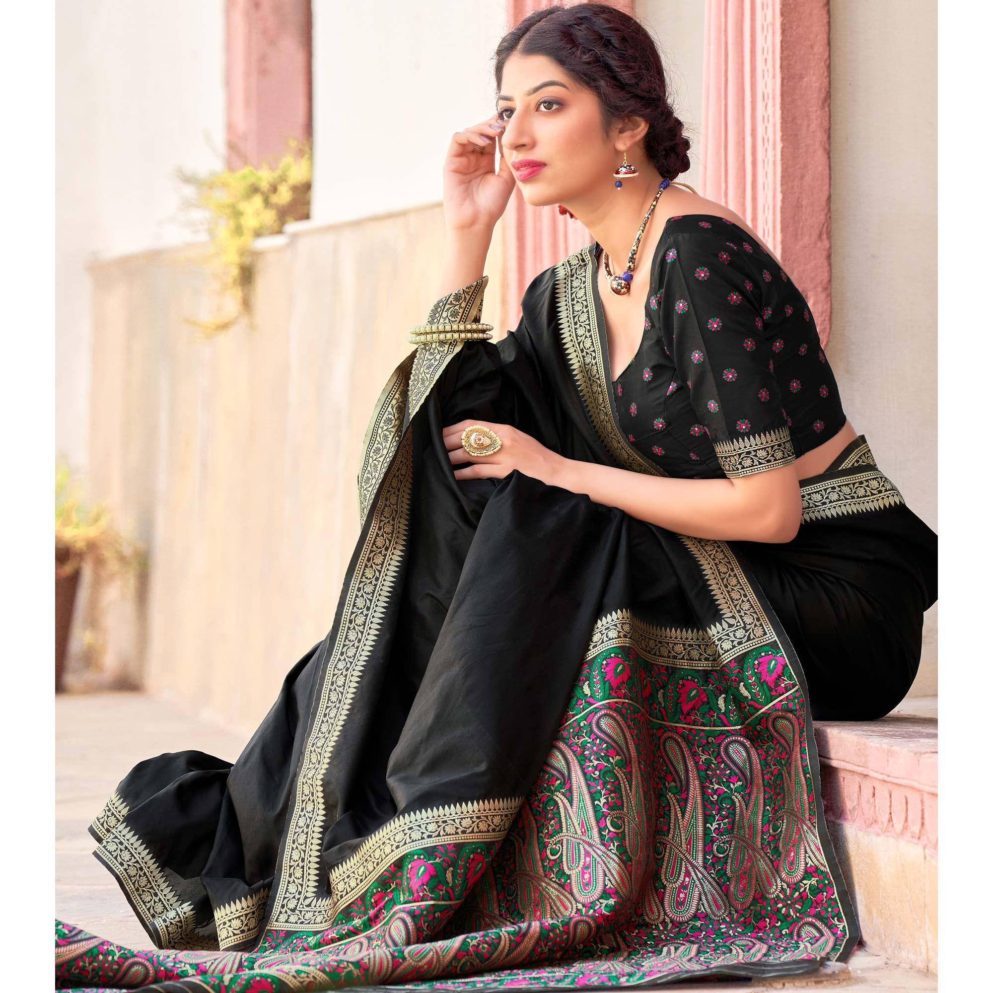 Black Festive Wear Woven Soft Banarasi Silk Saree - Peachmode
