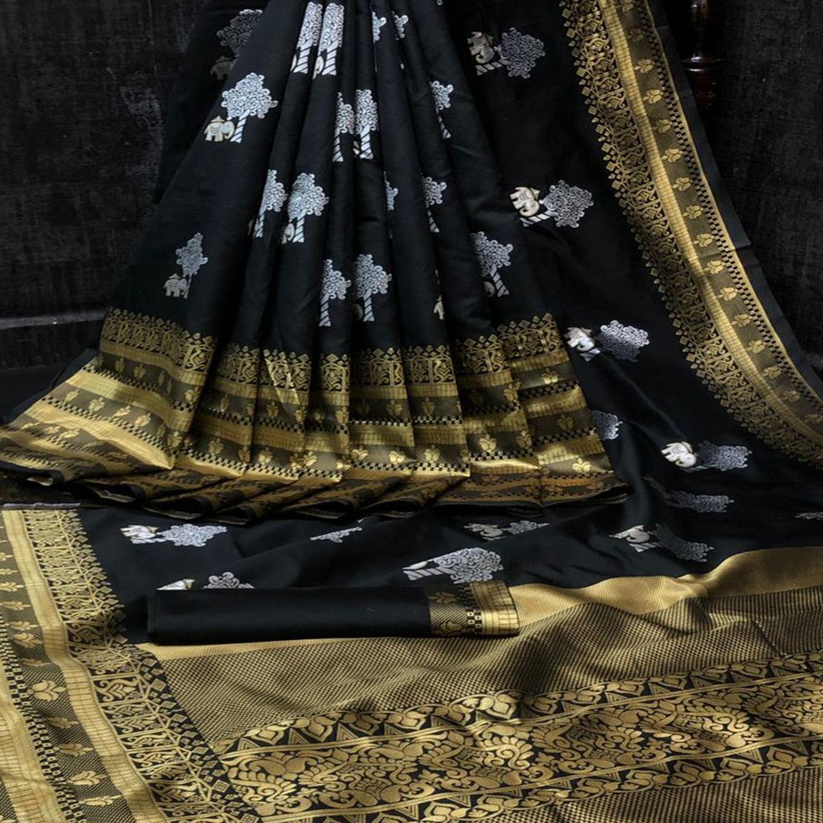 Black Festive Wear Woven Soft Lichi Silk Saree - Peachmode