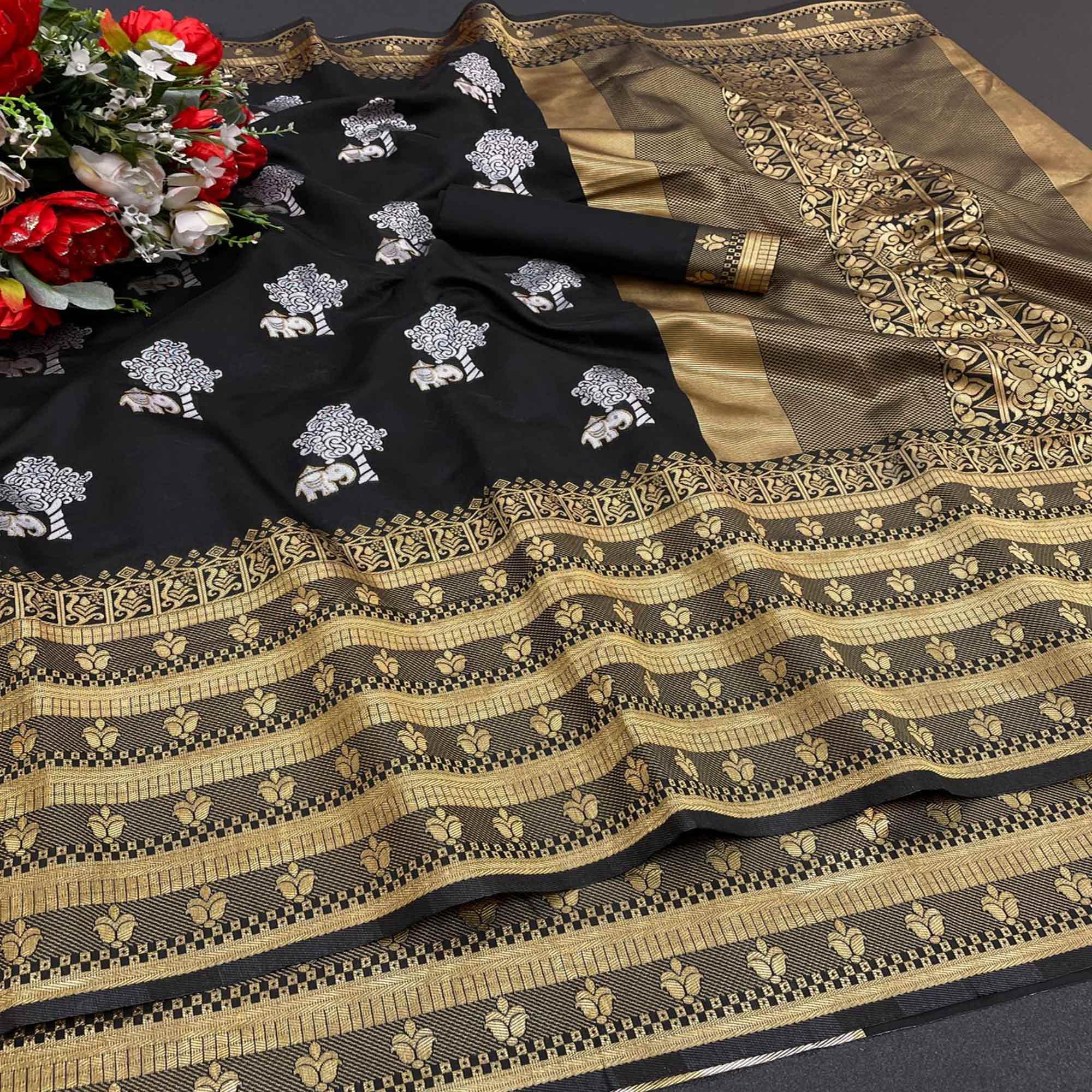 Black Festive Wear Woven Soft Lichi Silk Saree - Peachmode