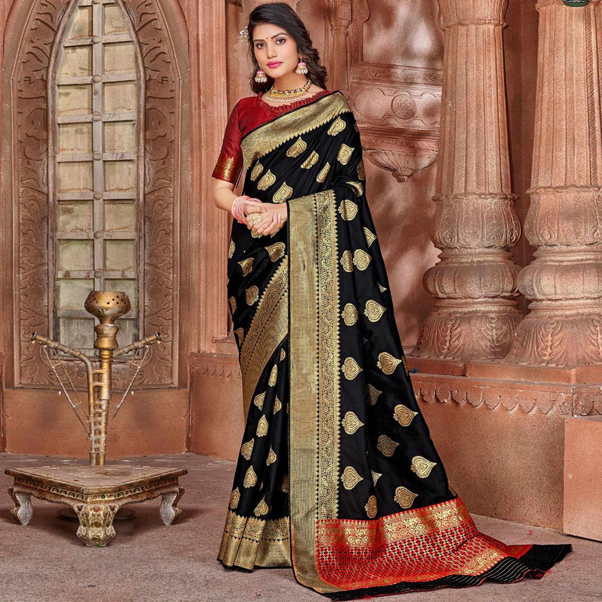 Black Festive Wear Woven Soft Silk Saree - Peachmode