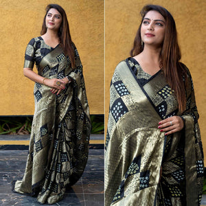 Black Festive Wear Woven With Bandhani Printed Art Silk Saree - Peachmode