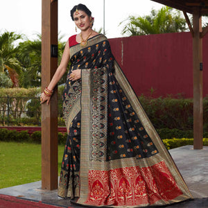 Black Festive Wear Woven With Meena Rappier Lichi Silk Saree - Peachmode