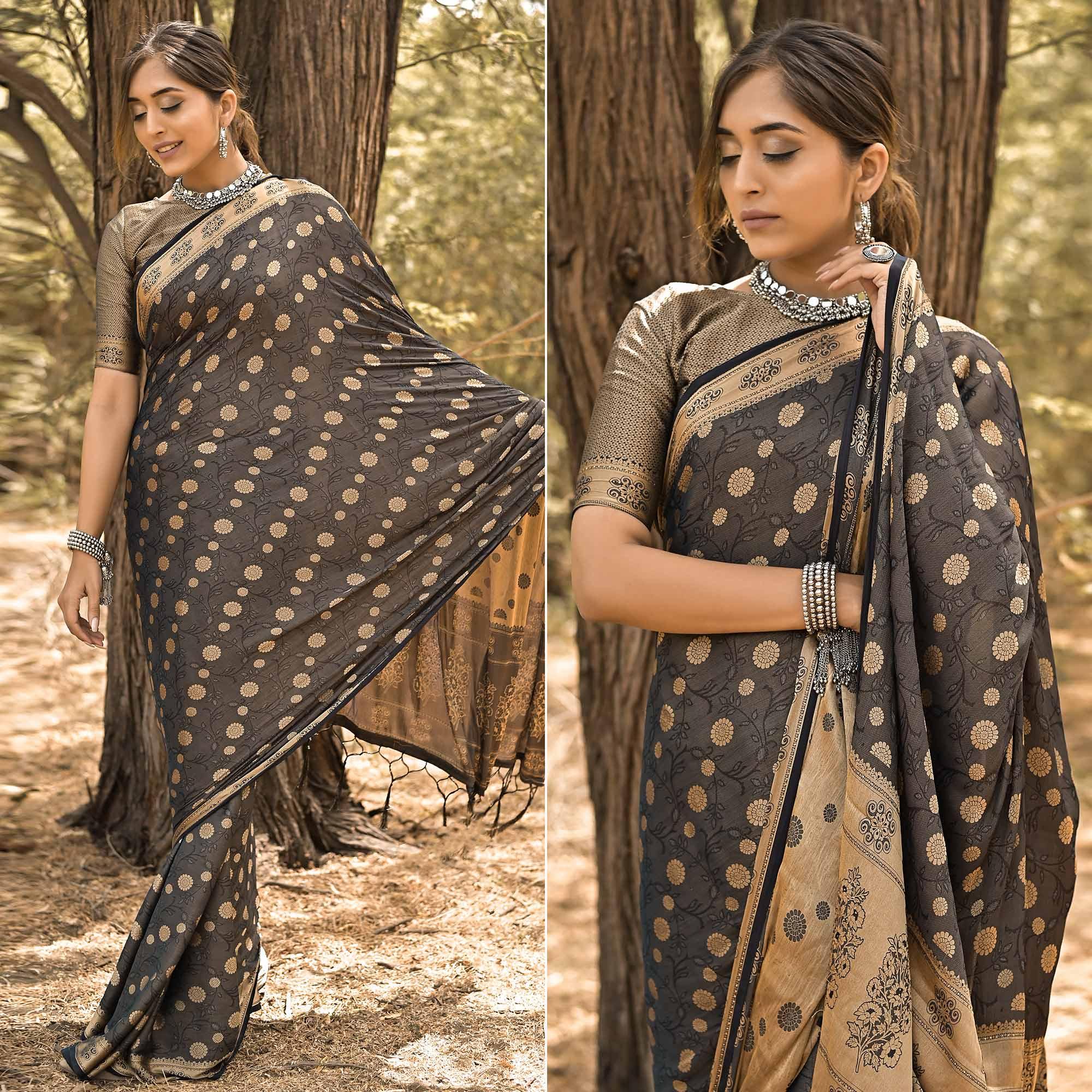 Black Festive Wear Woven With Swarovski Art Silk Saree - Peachmode