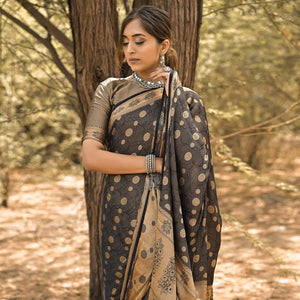Black Festive Wear Woven With Swarovski Art Silk Saree - Peachmode