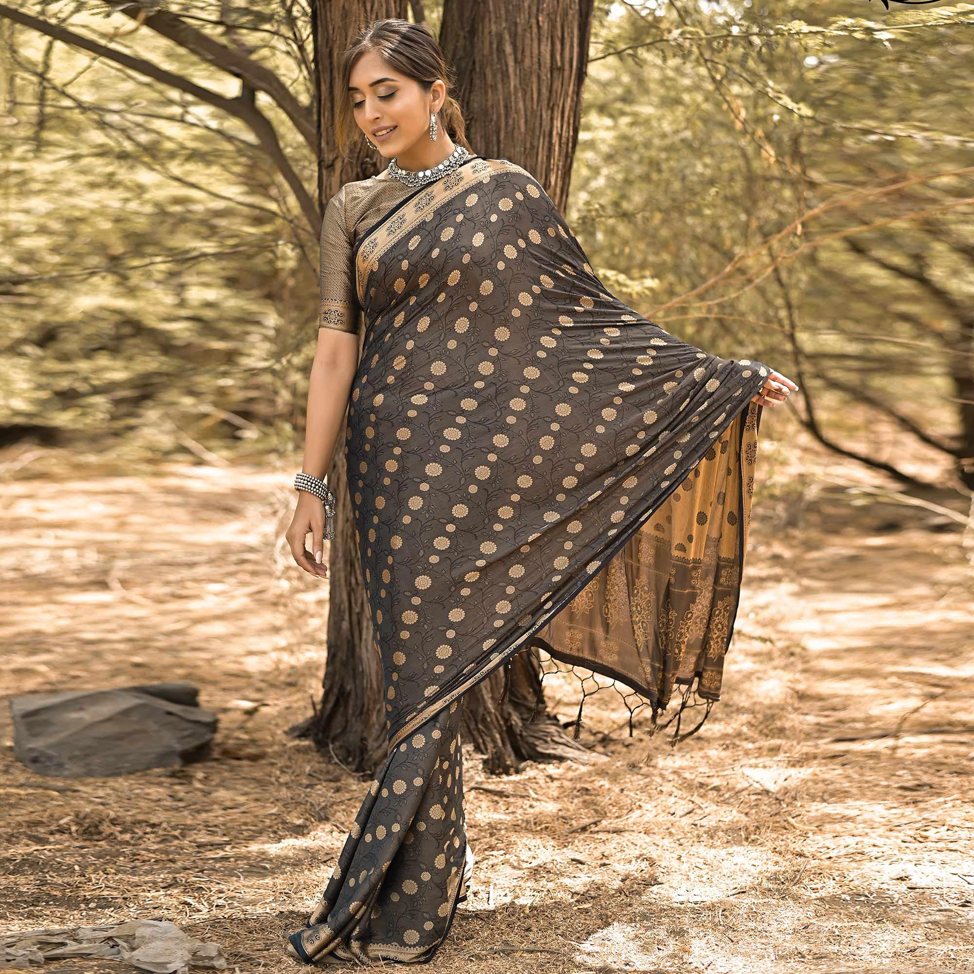 Black Festive Wear Woven With Swarovski Art Silk Saree - Peachmode