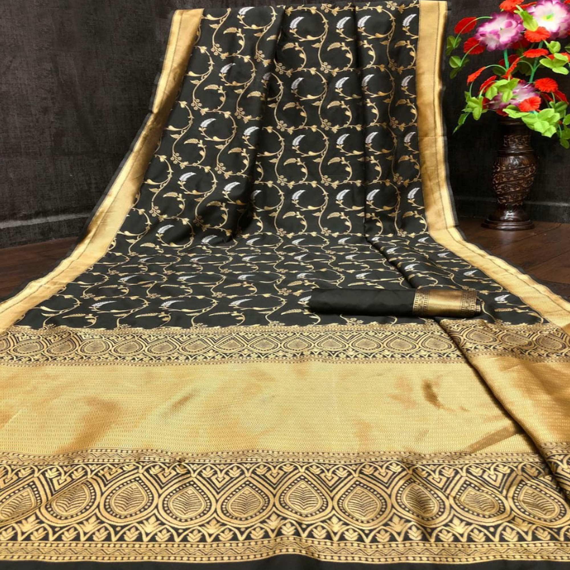 Black Festive Wear Woven Zal Designer Border Soft Lichi Silk Saree - Peachmode
