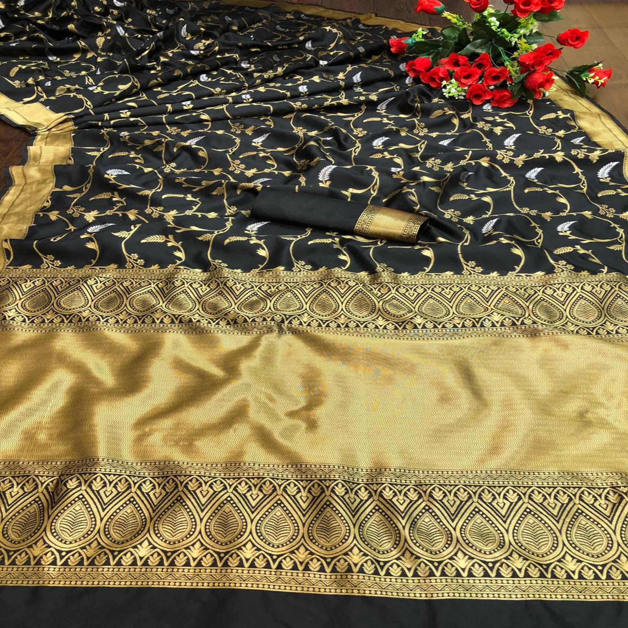 Black Festive Wear Woven Zal Designer Border Soft Lichi Silk Saree - Peachmode